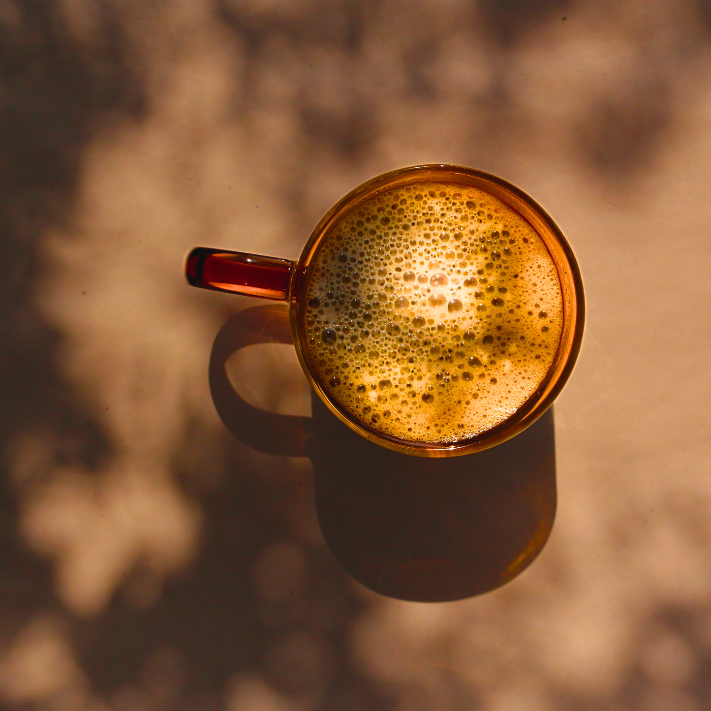 A top-down view of a steaming cup of Flora & June Apothecary Earth Brew Chai, showcasing a rich froth and the deep amber color of the brew, set against a play of shadows on a natural surface, inviting a rejuvenating start to the day.